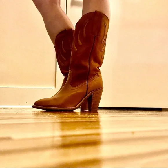 Frye Women's Tall Western Heeled Boots in Cognac Brown - Picture 3 of 14